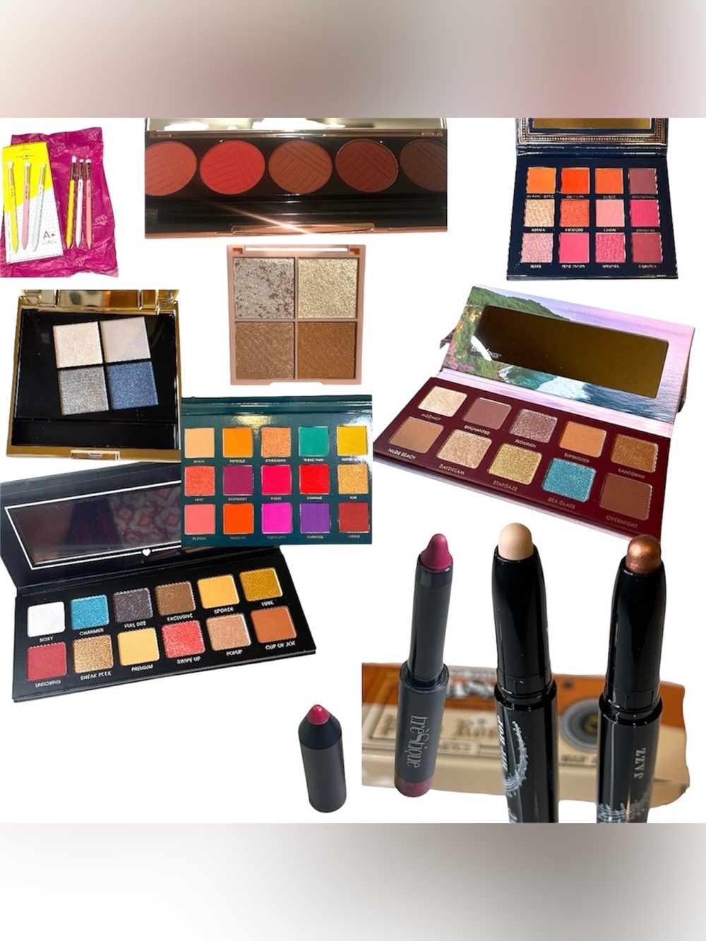 10 Piece Makeup Lot - All Full Size! Shadows + Lip + Highlight + Brushes!